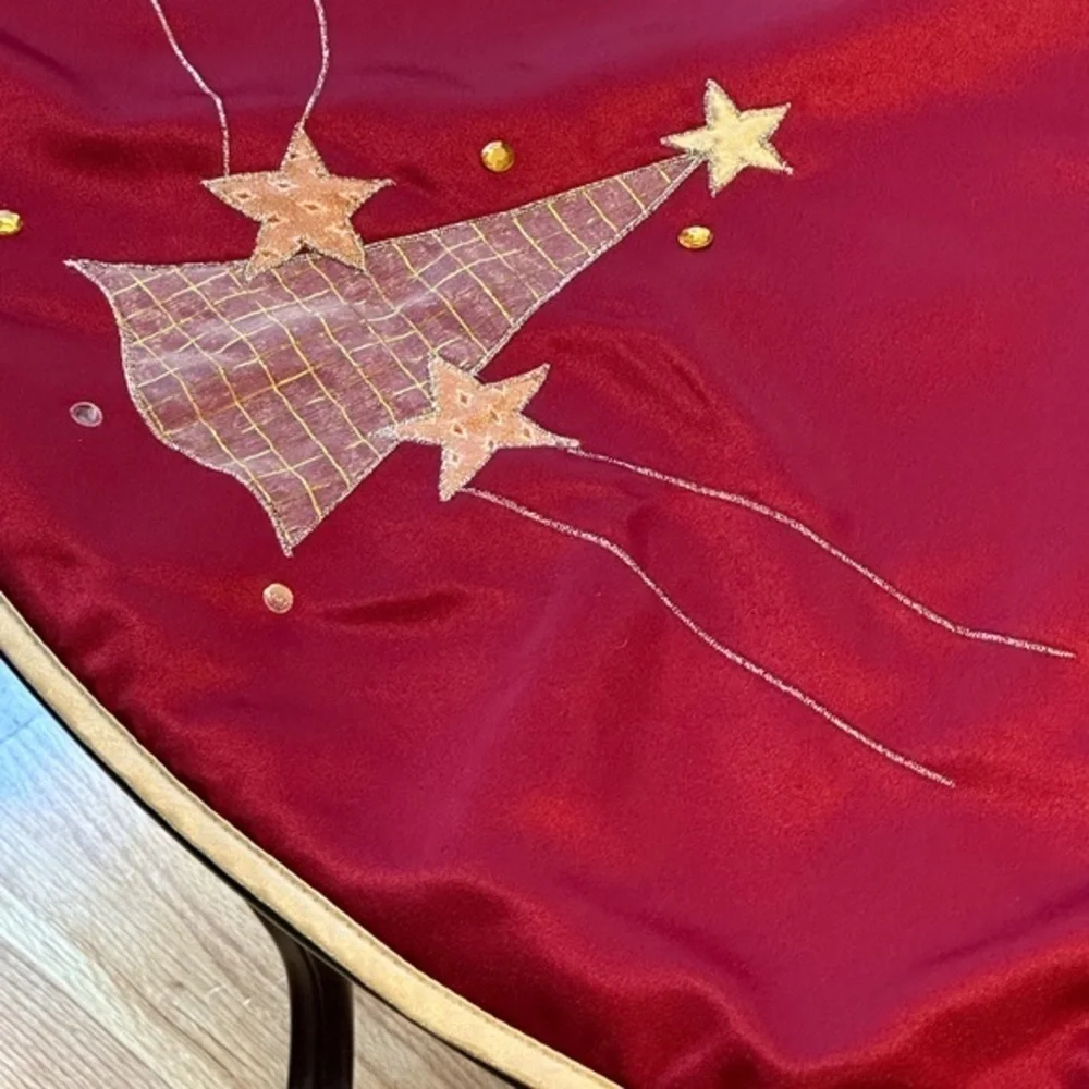 Large Dark Red Tree Skirt with Gold Appliqués Trees and Stars. 46 inch